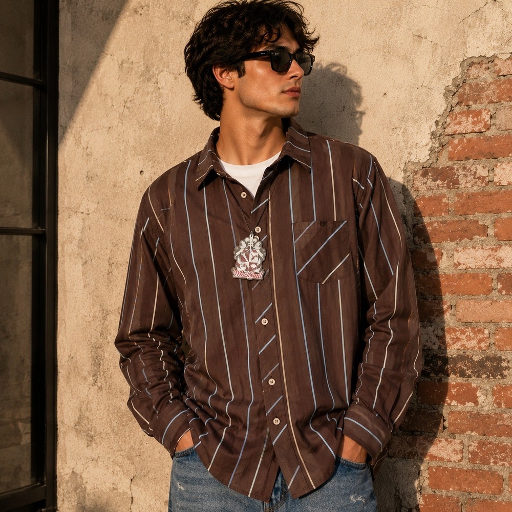 Mad Soul Mens Brown Striped Button Up Shirt Sz XL Cotton Y2K Skate Streetwear